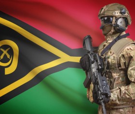 Vanuatu flag with heavily armed soldiers HD picture