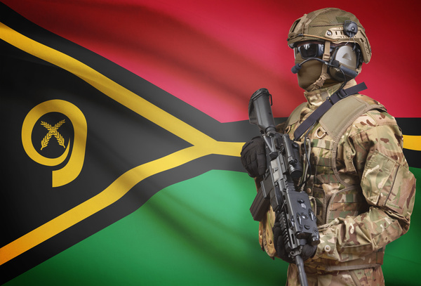 Vanuatu flag with heavily armed soldiers HD picture