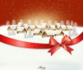 Villadge and landscare and red gift bow with christmas background vector