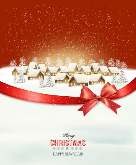 Villadge and landscare and red gift bow with christmas background vector