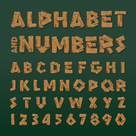 Vintage wood numbers with alphabet vectors