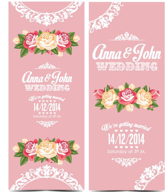 Wedding invitation vertical card with flower vector 02
