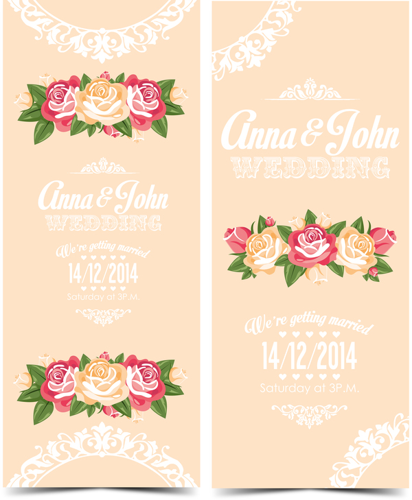 Wedding invitation vertical card with flower vector 03