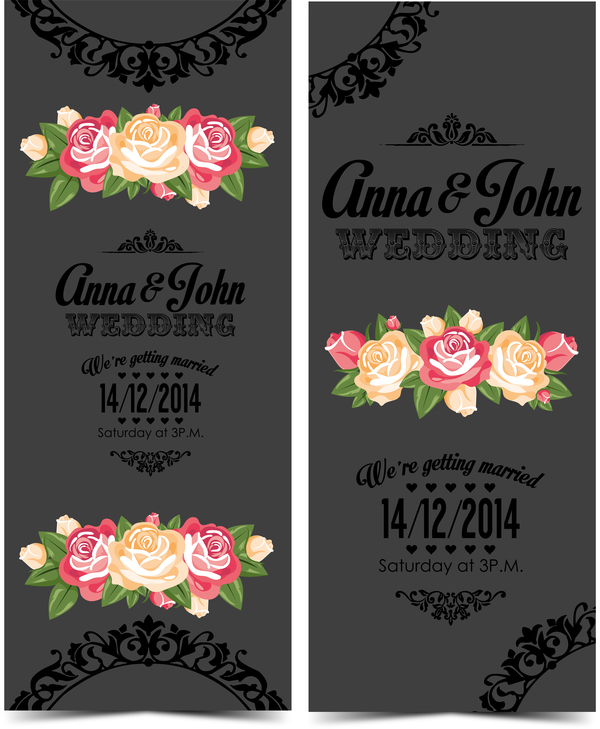Wedding invitation vertical card with flower vector 04