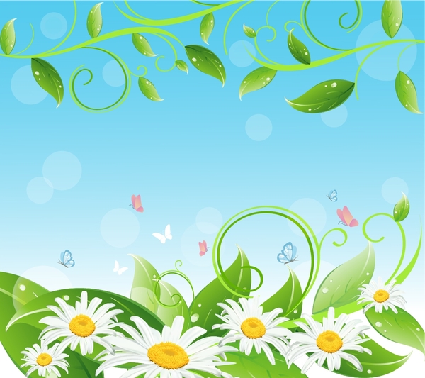 White flower with green leaf background vector