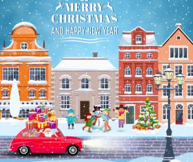 Winter city street with merry christmas and happy new year vector 01