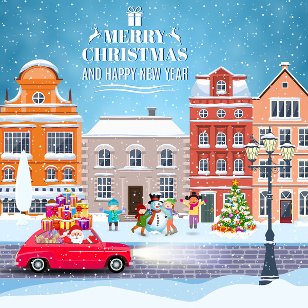 Winter city street with merry christmas and happy new year vector 01
