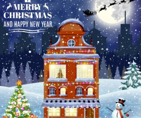 Winter city street with merry christmas and happy new year vector 02