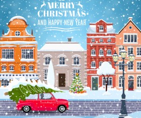 Winter city street with merry christmas and happy new year vector 03