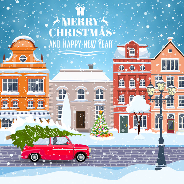 Winter city street with merry christmas and happy new year vector 03