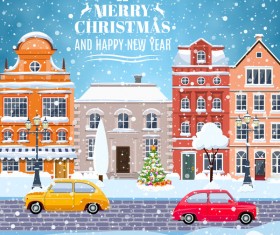 Winter city street with merry christmas and happy new year vector 04