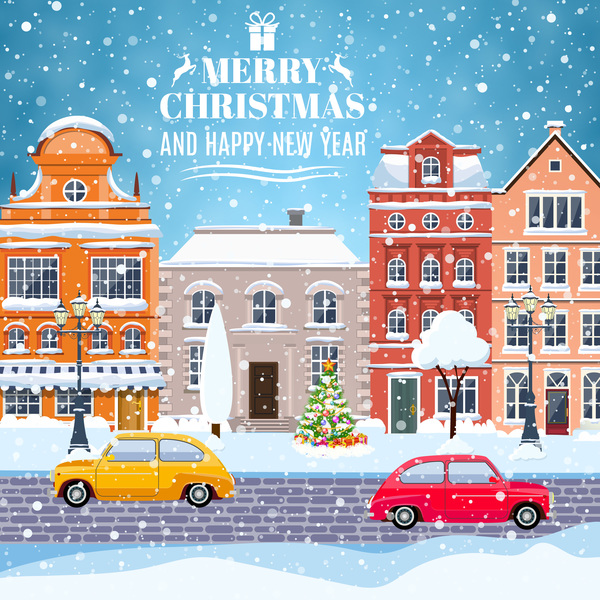 Winter city street with merry christmas and happy new year vector 04