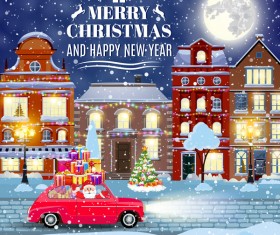 Winter city street with merry christmas and happy new year vector 05
