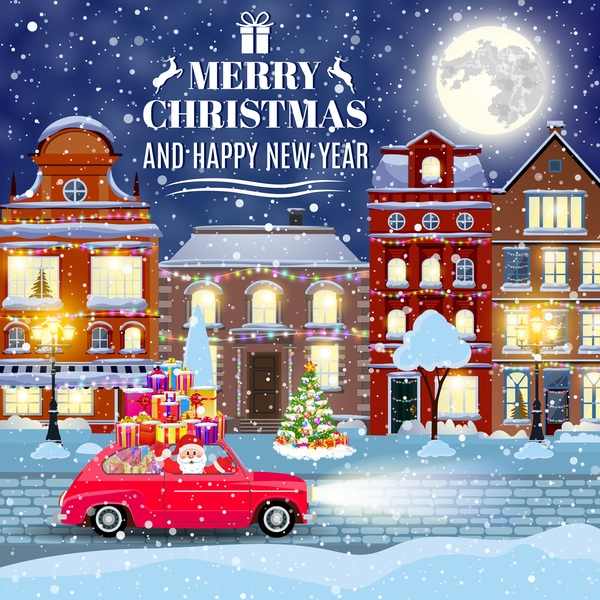 Winter city street with merry christmas and happy new year vector 05