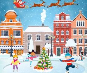 Winter city street with merry christmas and happy new year vector 06