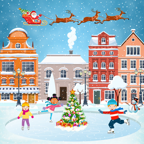 Winter city street with merry christmas and happy new year vector 06