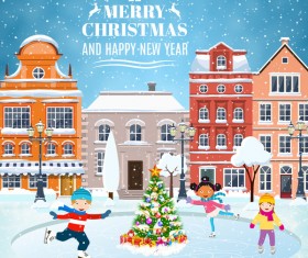 Winter city street with merry christmas and happy new year vector 07