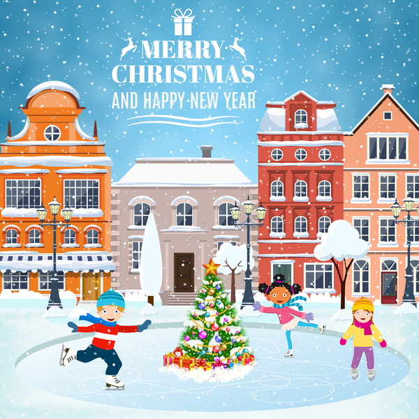 Winter city street with merry christmas and happy new year vector 07