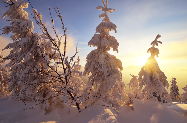 Winter landscape with A dawn in mountains Stock Photo 02