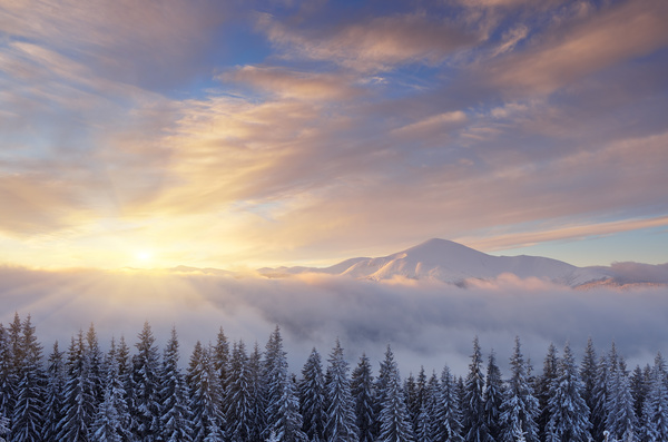 Winter landscape with A dawn in mountains Stock Photo 04