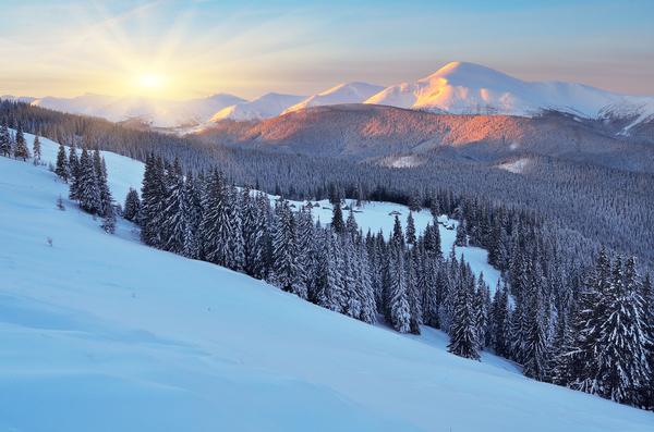 Winter landscape with A dawn in mountains Stock Photo 05