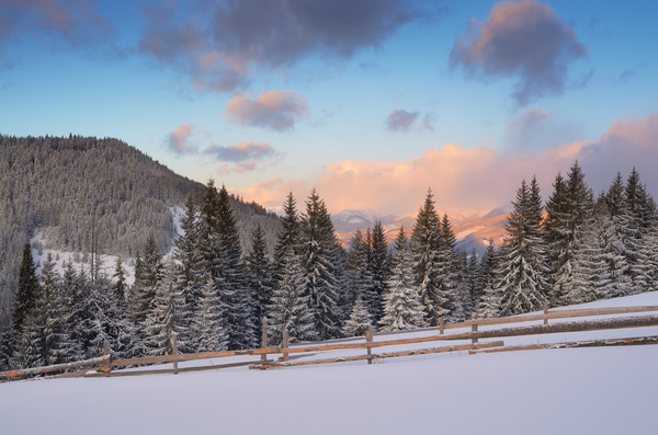 Winter landscape with A dawn in mountains Stock Photo 07