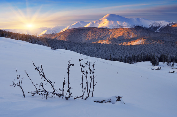 Winter landscape with A dawn in mountains Stock Photo 08