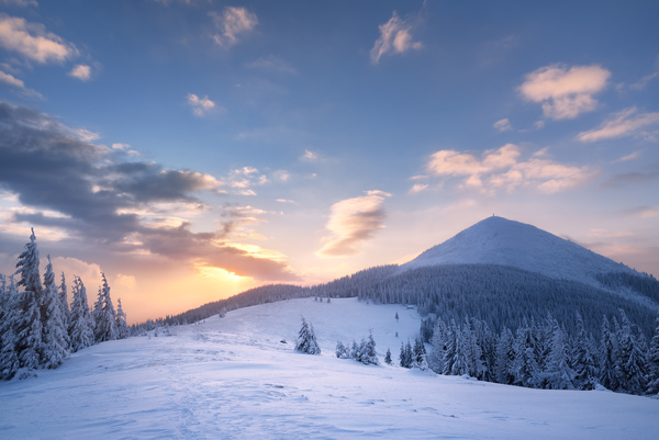 Winter landscape with A dawn in mountains Stock Photo 24