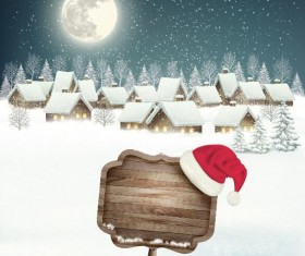 Winter landscare and wooden sign with christmas background vector