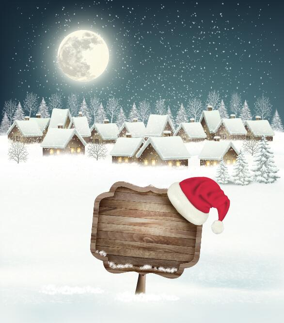 Winter landscare and wooden sign with christmas background vector