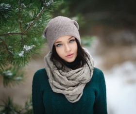 Winter outdoor lovely girl with pine branches Stock Photo 01
