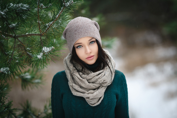 Winter outdoor lovely girl with pine branches Stock Photo 01