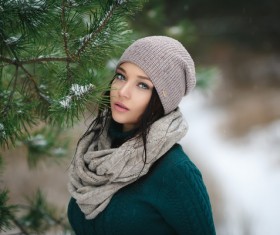 Winter outdoor lovely girl with pine branches Stock Photo 02