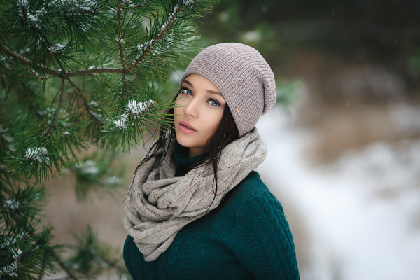 Winter outdoor lovely girl with pine branches Stock Photo 02