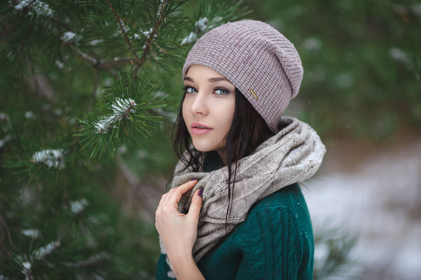Winter outdoor lovely girl with pine branches Stock Photo 03 free download