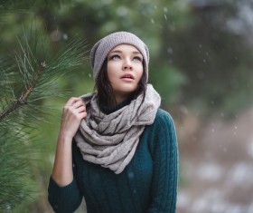Winter outdoor lovely girl with pine branches Stock Photo 04