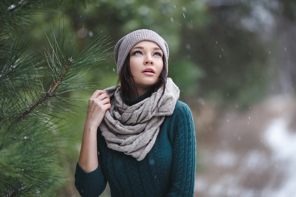 Winter outdoor lovely girl with pine branches Stock Photo 04