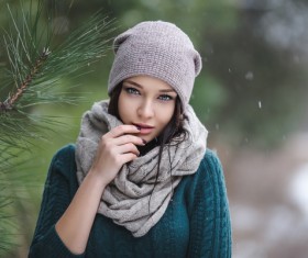 Winter outdoor lovely girl with pine branches Stock Photo 05