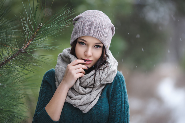 Winter outdoor lovely girl with pine branches Stock Photo 05