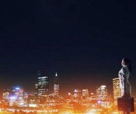 Woman looking at night city stock photo 06