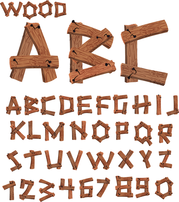 Wood textures alphabet and numbers vectors