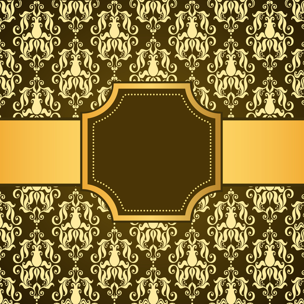brown decor pattern background with golden frame vector 01