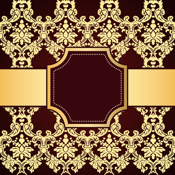 brown decor pattern background with golden frame vector 02