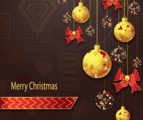 christmas balls bows gold red with brown background vecotr