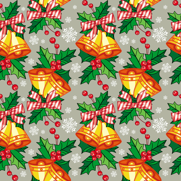 holly with bells seamless pattern christmas vector 01