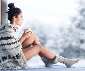 A cup of coffee on the windowsill girl Stock Photo 01