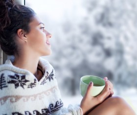 A cup of coffee on the windowsill girl Stock Photo 02