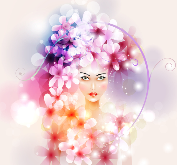 Beautiful girl with dream floral vector material 01