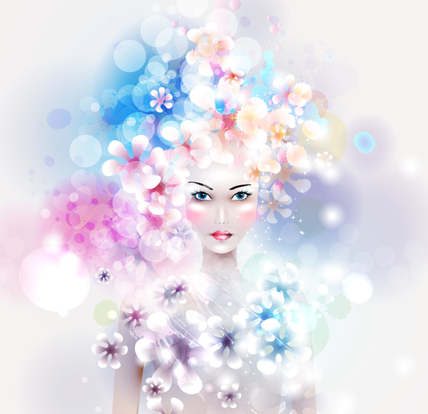 Beautiful girl with dream floral vector material 02