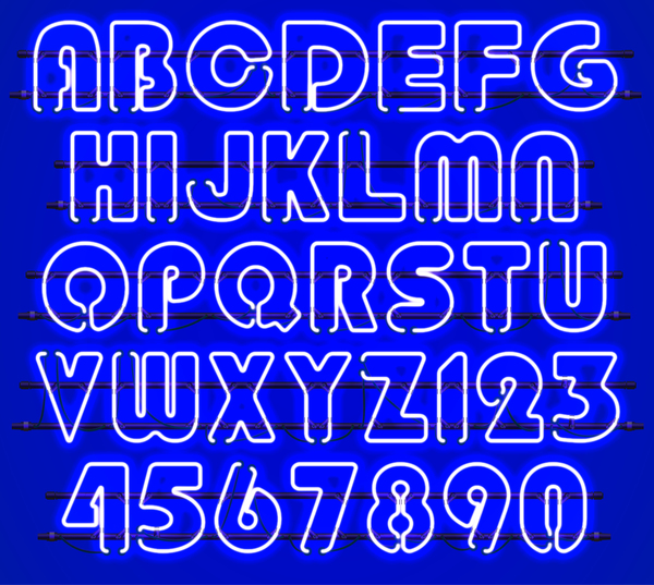 Blue neon alphabet with numbers vector 01